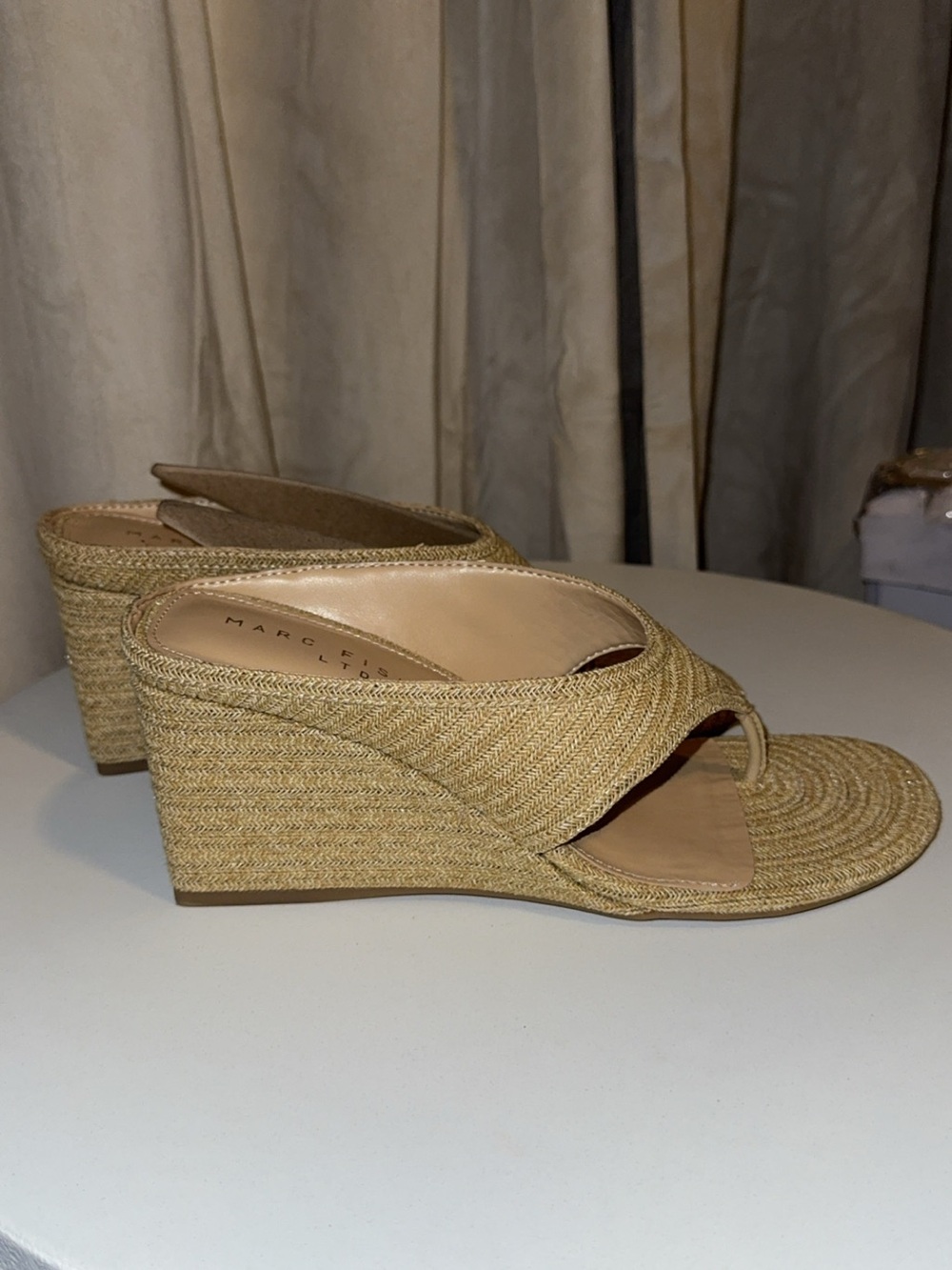 Marc Fisher Beige Woven Toe-Loop Wedge Sandals
